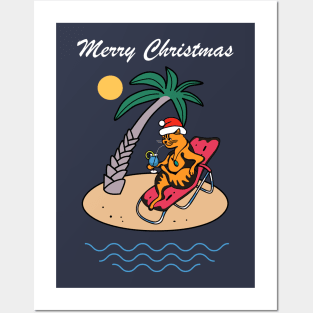 Cat Santa Hat Tropical Beach Cruise Merry Christmas Posters and Art